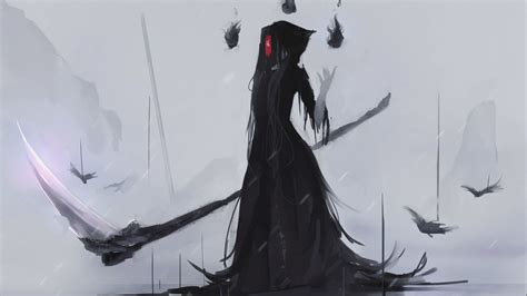Aoi Ogata Grim Reaper Scythe Mask Black Dress Anime Anime Girls