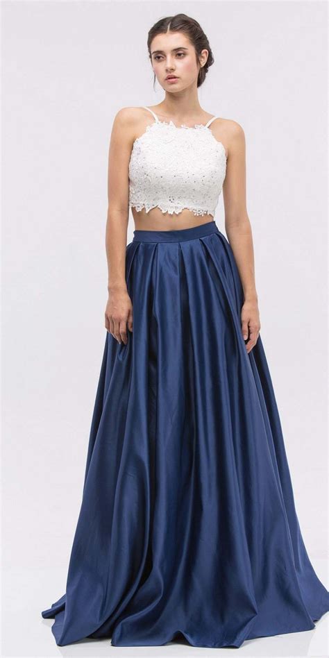 Two Piece Long Prom Dress Lace Crop Top And Satin Skirt Navy Blue