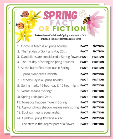 Spring Fact Or Fiction Printable Game Kids Adults Fun Trivia Activit