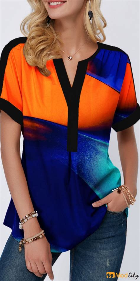 Color Block Split Neck Short Sleeve Blouse Trendy Tops Womens Trendy