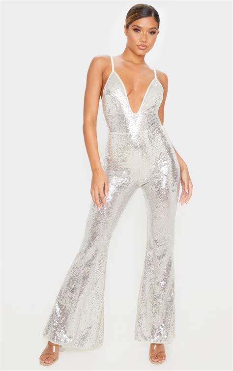 Silver Sequin Strappy Plunge Flared Leg Jumpsuit Prettylittlething Qa