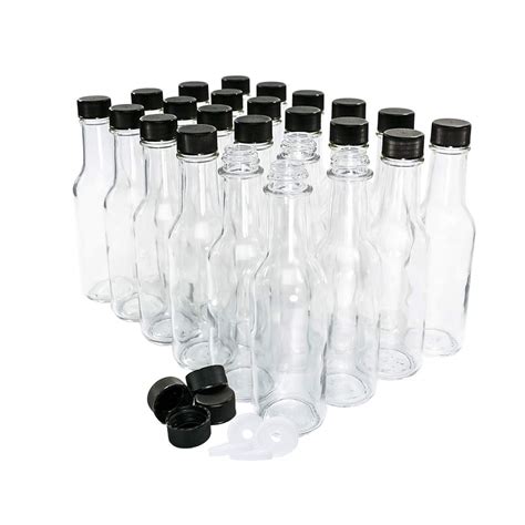 24 Pack 5 Oz Clear Glass Hot Sauce Bottle Woozy With Black Cap Shrink Band And Orifice