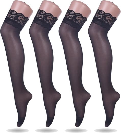 Ruzishun Womens Lace Thigh High Silk Stockings Black4 Pairs Amazon
