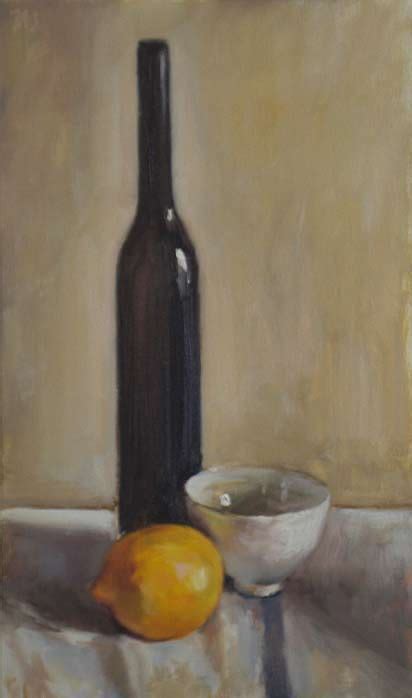 Still Life With Bottle Bowl And Lemon A Still Life Painting By British Artist Julian Merrow Smith