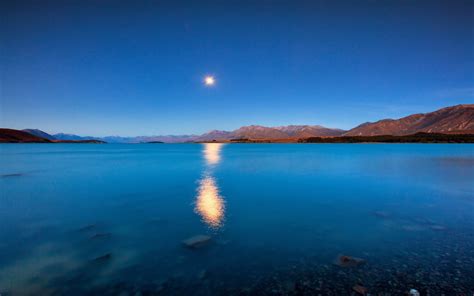 Lake Reflection Moon Sun Sky Mountains