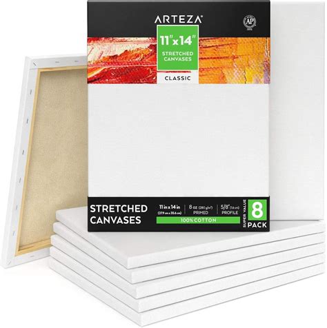 Arteza Stretched Canvas Classic White 11x14 Blank Canvas Boards