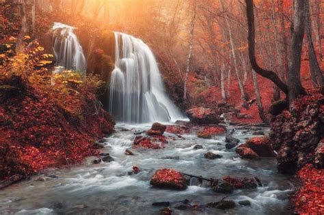 Premium Photo Waterfall At Mountain River In Autumn Forest At Sunset