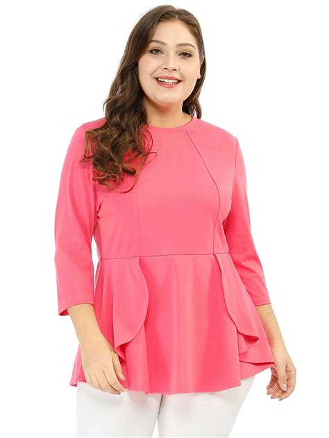 Unique Bargains Womens Round Neck Plus Size Peplum Top Pink