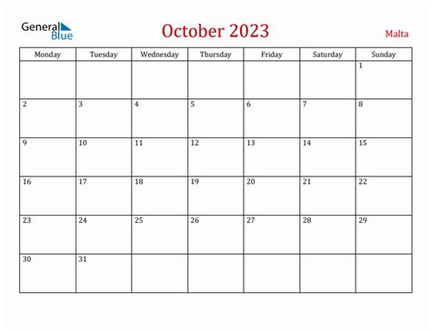 October 2023 Malta Monthly Calendar With Holidays