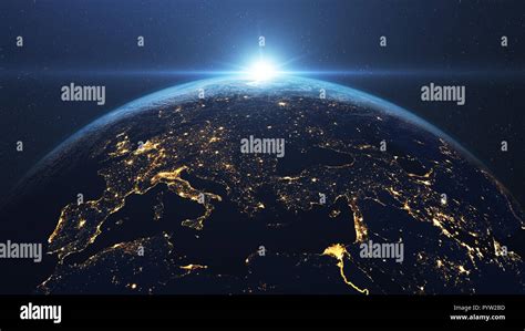 Sunrise Above Europe In Outer Space Stock Photo Alamy