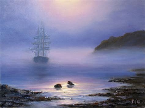 Sailboat Painting Fog Moon Moonlight Ship Painting Sunset Etsy