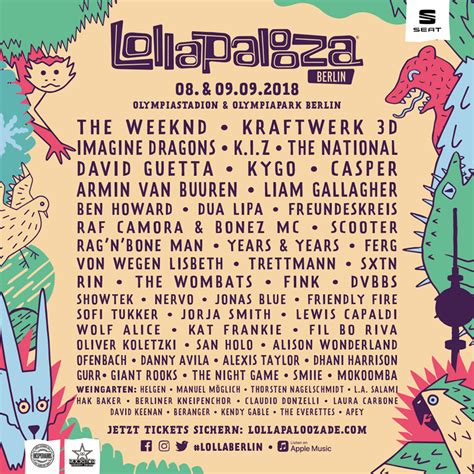 Music genres include but are not limited to alternative rock, heavy metal, punk rock, hip hop, and electronic music. Cartel completo del Lollapalooza Berlín 2018 | festis