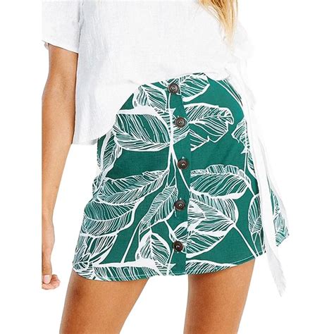 Tropical Leaf Print Women Skirt Style Button High Waist Mini Skirt Chic