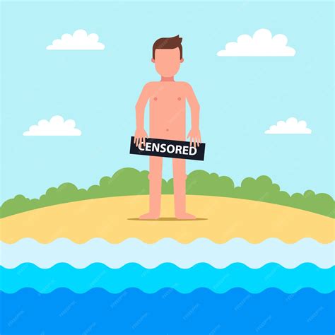 Nackter Mann An Einem Fkk Strand Nimmt Ein Sonnenbad In Der Nähe Des Meeres Flache Illustration