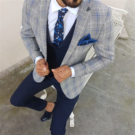 Buy Navy Blue Slim Fit Plaid Suit By With Free Shipping