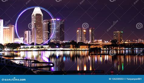 Singapore City Lights And Ferris Wheel Stock Image Image Of Line