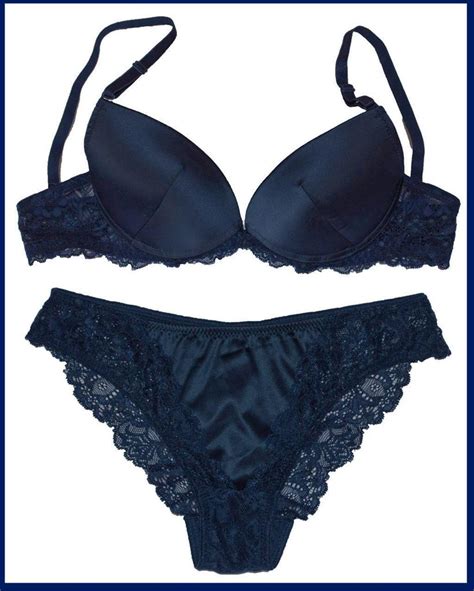 Navy Blue Satin Lace Push Up Bra Panties Set 10c 12c 14c 16c Ebay