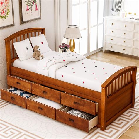 Buy Wood Twin Bed With Storage Platform Bed With 6 Drawers And Headboard And Footboard Captain