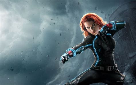 An Image Of A Woman In Black Widow Suit With Red Hair Pointing At The Sky