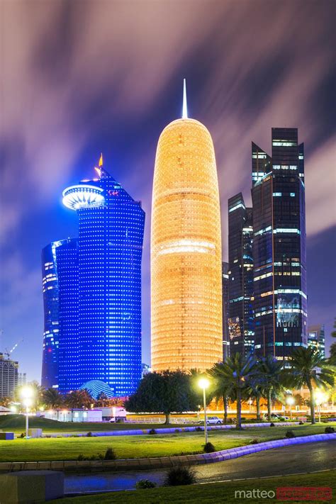 Doha City Center Illuminated At Night Qatar Middle East Royalty