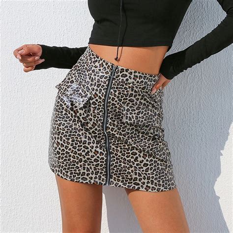 High Quality Women Sexy Leopard Leather Skirts Zipper High Waist Pencil Bodycon Hip Short Mini