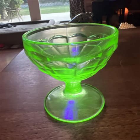 Vintage S Hazel Atlas Green Uranium Vaseline Glass Sherbert Bowl