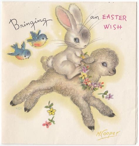 Vintage Greeting Card Easter Cute Bunny Rabbit Lamb Blue Bird M Cooper