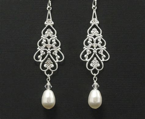 Long Chandelier Earrings Wedding Jewelry Silver Filligree Etsy