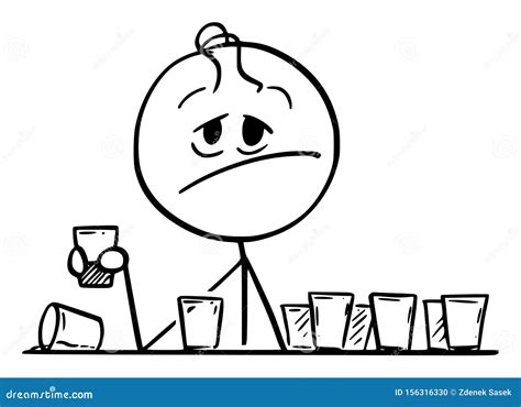 Vector Cartoon Of Frustrated Drunk Man Sitting With Many Empty Glasses