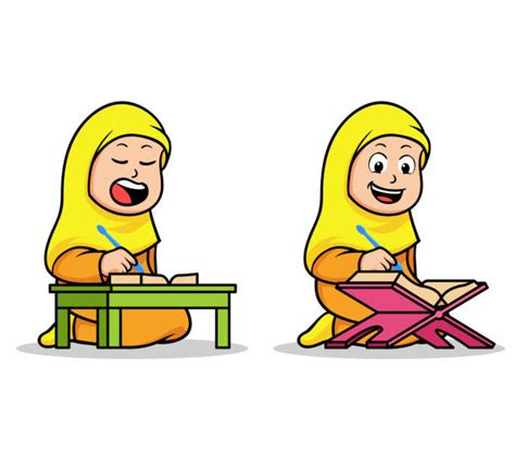 Cartoon Of Muslim Girl Reading Quran Illustrations Royalty Free Vector