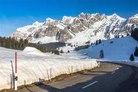Mountain Road In The Swiss Alps With Scenic View Of The Saentis Stock