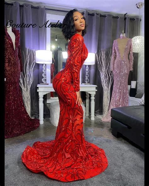 Red Long Prom Dresses For Black Girls Mermaid Gowns For Women Party