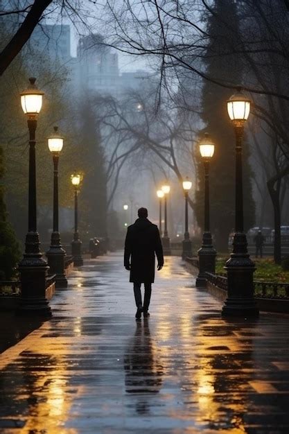 Premium Ai Image Sad Man Alone Walking Along The Alley In Night Foggy