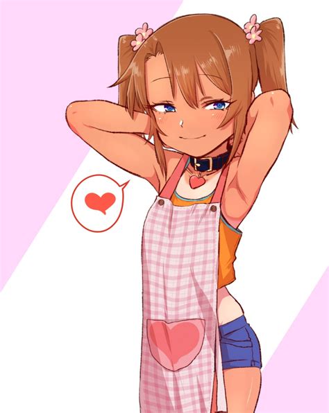 Safebooru 1girl Apron Armpits Arms Behind Back Blue Eyes Brown Hair