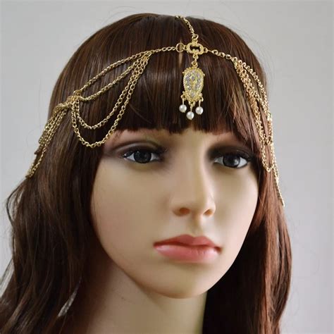 Indian Ethnic Gold Metal Rhinestone Pearl Hairband Multilayer Link Chain Headdress Headband