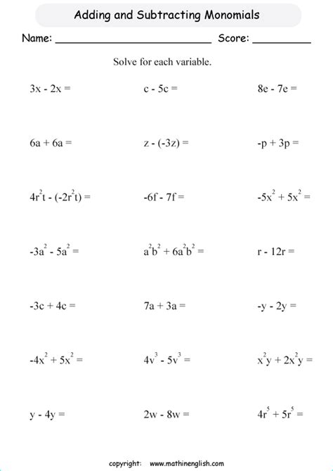 Grade 8 Math Algebra Worksheet