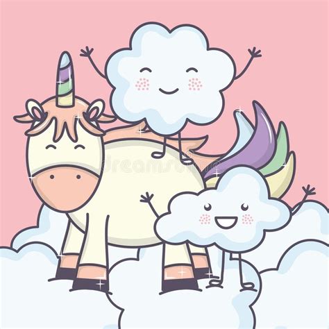 Cute Adorable Unicorn And Cloud Kawaii Fairy Characters Stock Vector