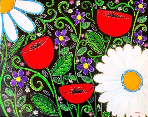 Whimsical Flower Painting Folk Art Flowers Mexican Folk Etsy