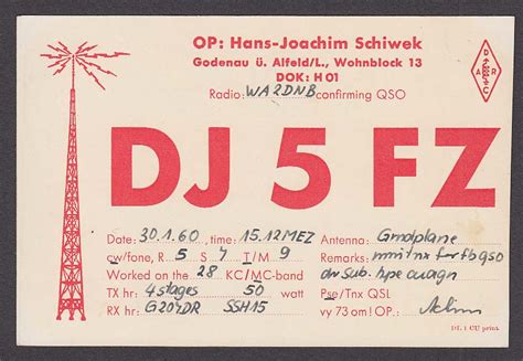Dj5fz Hans Joachim Schiwek Qsl Ham Radio Postcard 1960