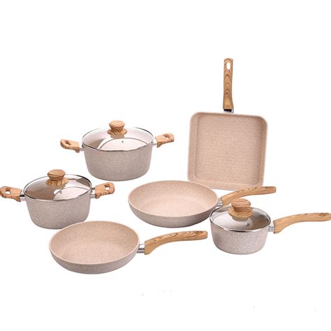 Parini Masterclass Premium Cookware Marble Pink Cookware Set Wooden