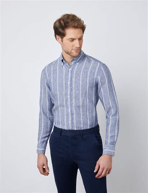 Linen Striped Slim Fit Shirt With Button Down Collar And Single Cuff In