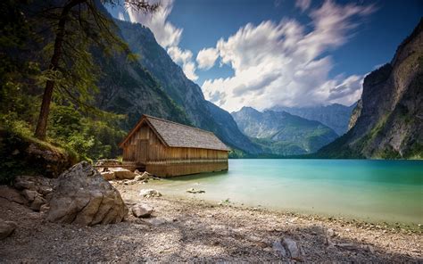 Landscape Nature Boathouses Lake Summer Mountains Alps Clouds