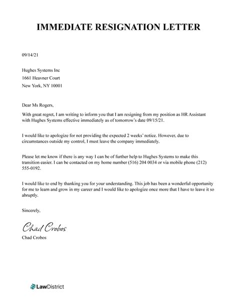 Immediate Resignation Letter Template No Notice LawDistrict How