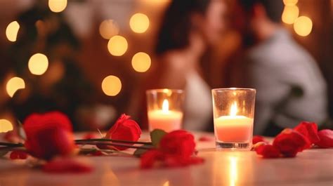 Premium Ai Image Blurred Image Of A Couple At A Candlelit Dinner Holding Hands With Red Roses