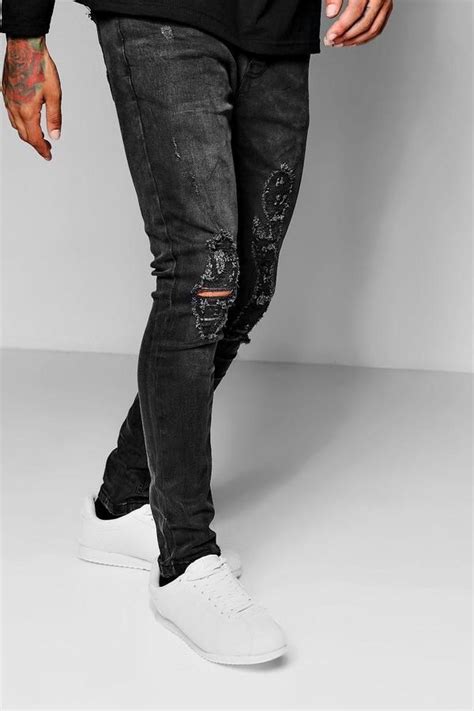 Men Distressed Ripped Jeans Gray Slim Fit Denim Charcoal All Sizes Men