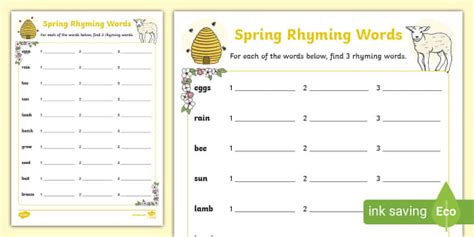 Spring Rhyming Words Activity Sheet Teacher Made Twinkl