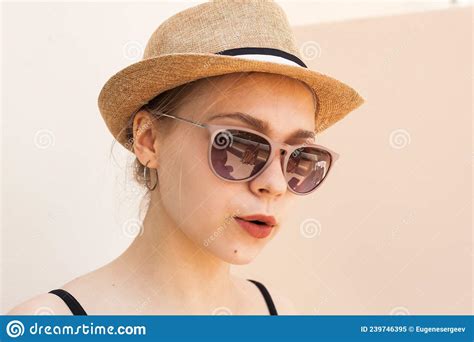 Beautiful Blond Caucasian Girl In A Straw Hat And Sunglasses Stock Image Image Of Happy