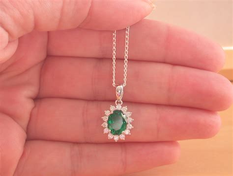 925 Emerald Lab Created Pendant And 18 Silver Chainemerald Necklace