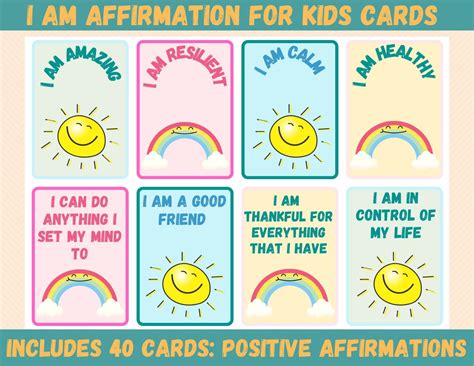 Positive Affirmation Cards For Kids 40 Affirmations Etsy