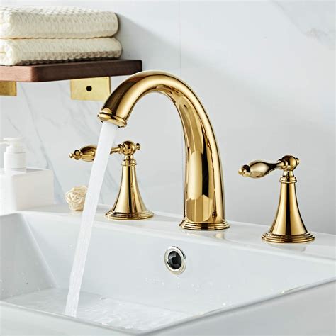 Best Gold Solid Brass Widespread Bathroom Faucet 3 Hole Two Handle Deck Mounted Faucet High Arc